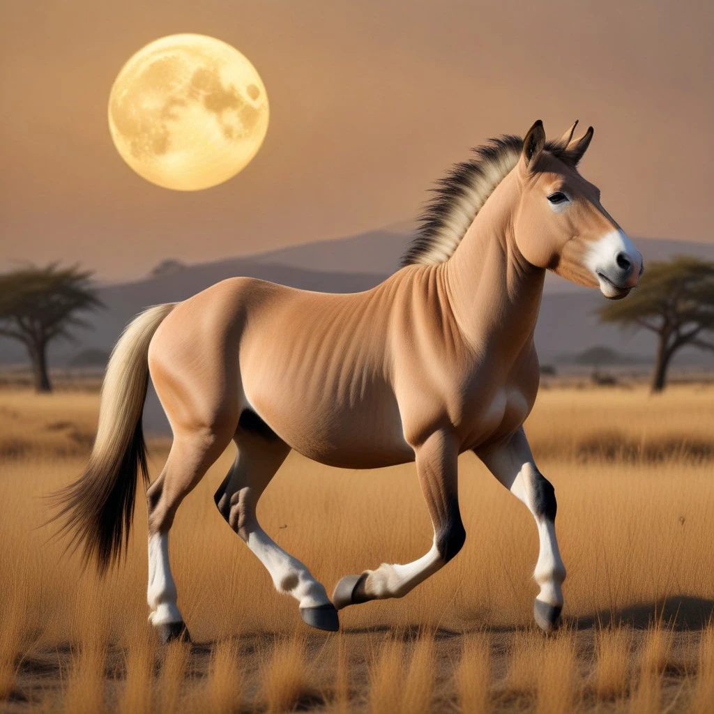 a giant hybrid horse , golden brown equine ancestor, ancestral power animal with characteristics of several modern equines, looks like a przewalski’s horse hybrid, running, tree, plant, full moon