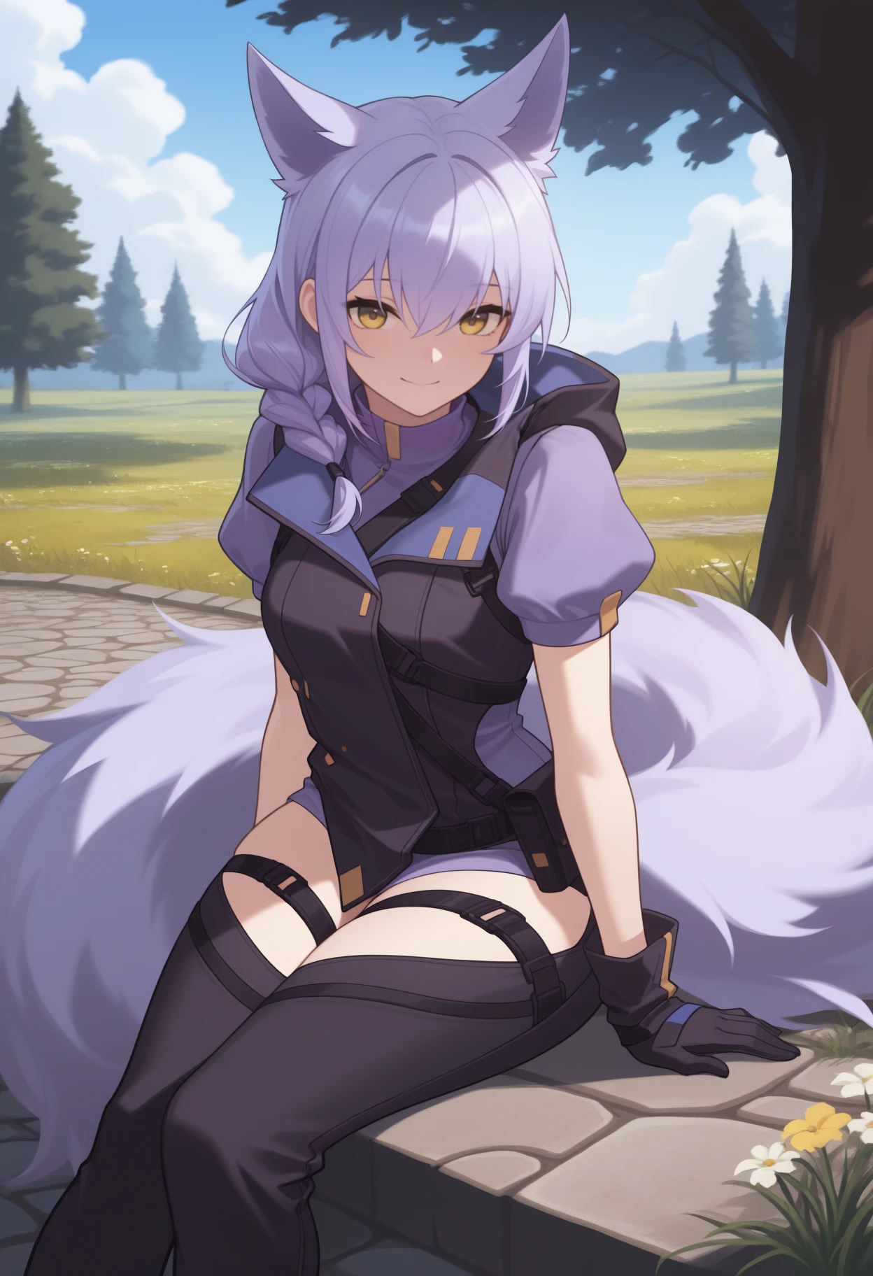 masterpiece, best quality, feet out of frame, solo, 1girl, prvcdef, wolf tail, large tail, smile, looking at viewer, sitting, arm support, long hair, purple hair, hair between eyes, single braid, animal ears, extra ears, yellow eyes, black jacket, hooded jacket, hood down, sleeveless jacket, purple shirt, puffy short sleeves, black gloves, black pants, thigh cutout, thigh strap, outdoors, blue sky, cloud, grass, tree, cobblestone, flower
<segment:yolo-face_yolov8m.pt,0.4,0.5//cid=1>