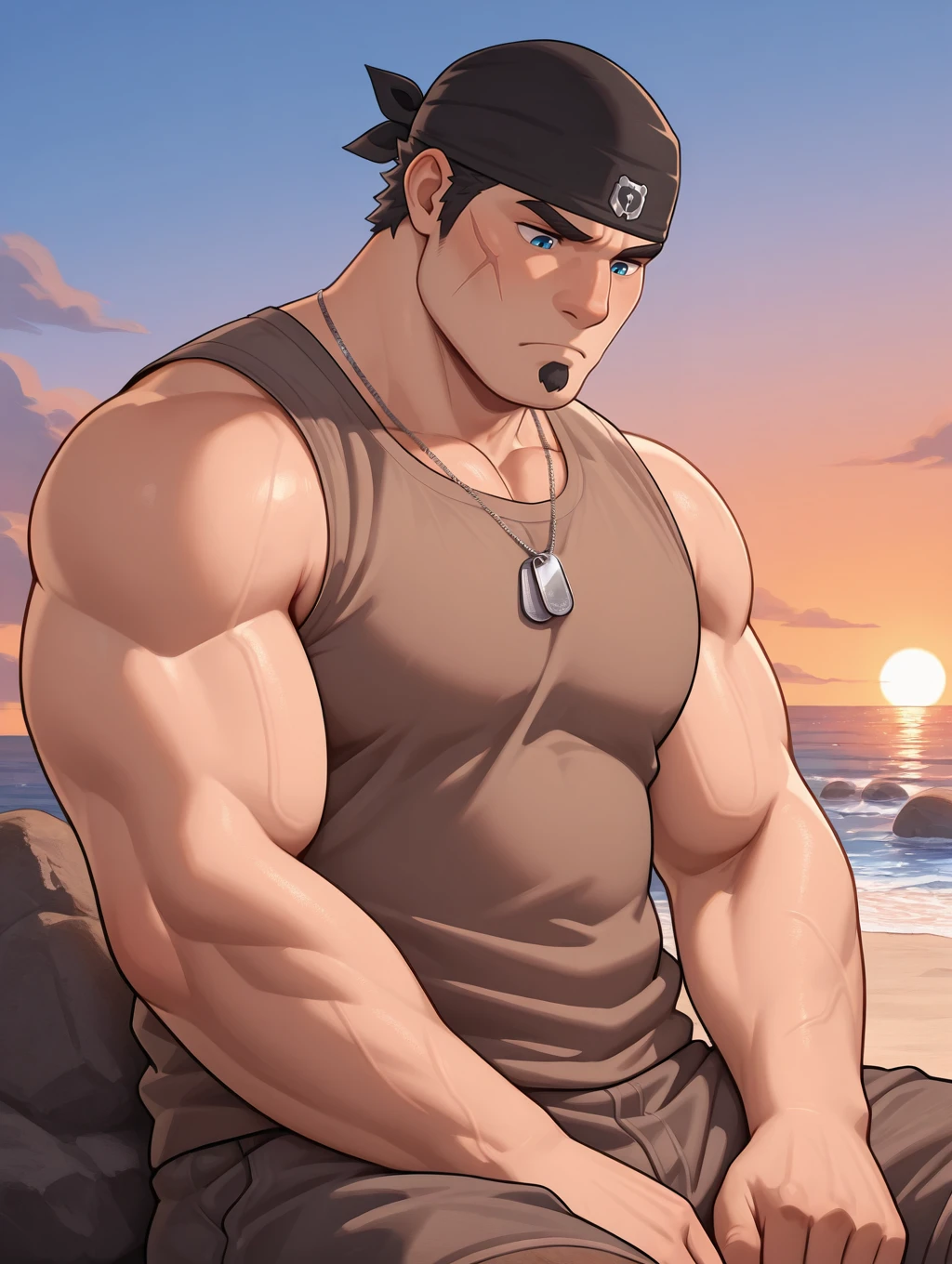 <lora:OG_Marcus_Fenix_IL:0.97> ogmarcusfenix, black bandana, dog tags, black hair, light brown sleeveless t-shirt, muscular, bara, chubby, goatee, scar on face, blue eyes, cowboy shot, frown, looking down, beach, evening, fair skin, sitting rock, masterpiece, best quality