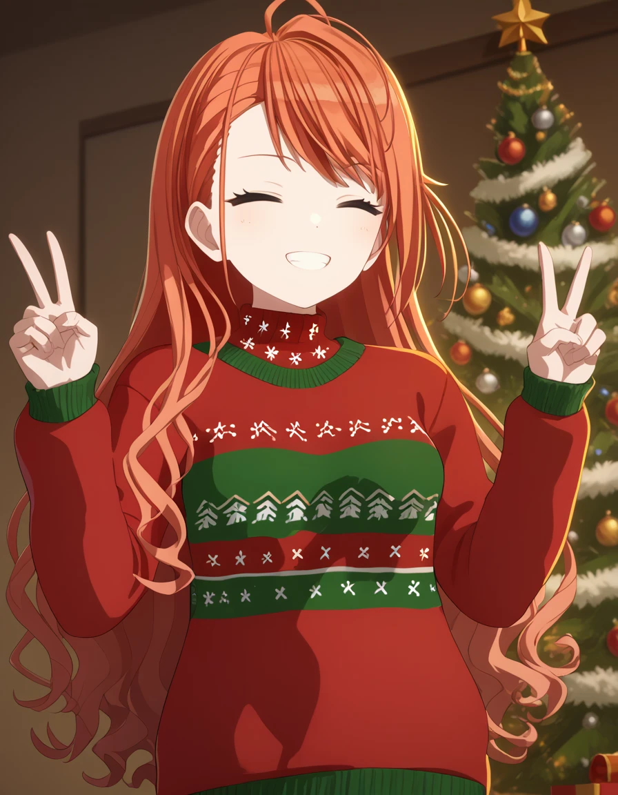 score_9, score_8_up, score_7_up, source_anime, <lora:natsuna-arisugawa-s2-ponyxl-lora-nochekaiser:1>, natsuha arisugawa, long hair, bangs, ahoge, red hair, orange hair, black eyes, medium breasts,, <lora:christmas-sweater-ponyxl-lora-nochekaiser:1>, christmas sweater, christmas, ugly sweater, print sweater, red sweater, christmas tree, christmas ornaments, sweater, multicolored sweater, , v, smile, hands up, teeth, closed eyes, cowboy shot,, , dutch angle, cowboy shot