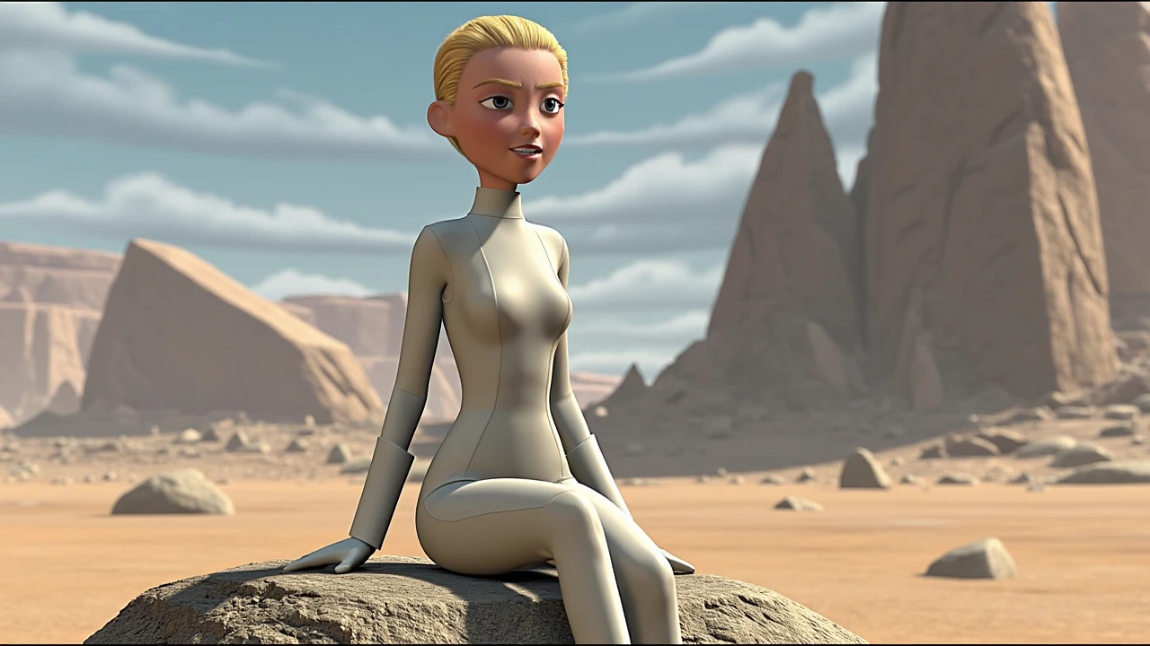 3d render in ti artstyle, a blonde woman sitting on a rock in a vast desert landscape. She is wearing a sleek, form-fitting white bodysuit with matching gloves. She has a short hairstyle as she gazes into the distance. The background showcases rocky formations, and a blue sky.