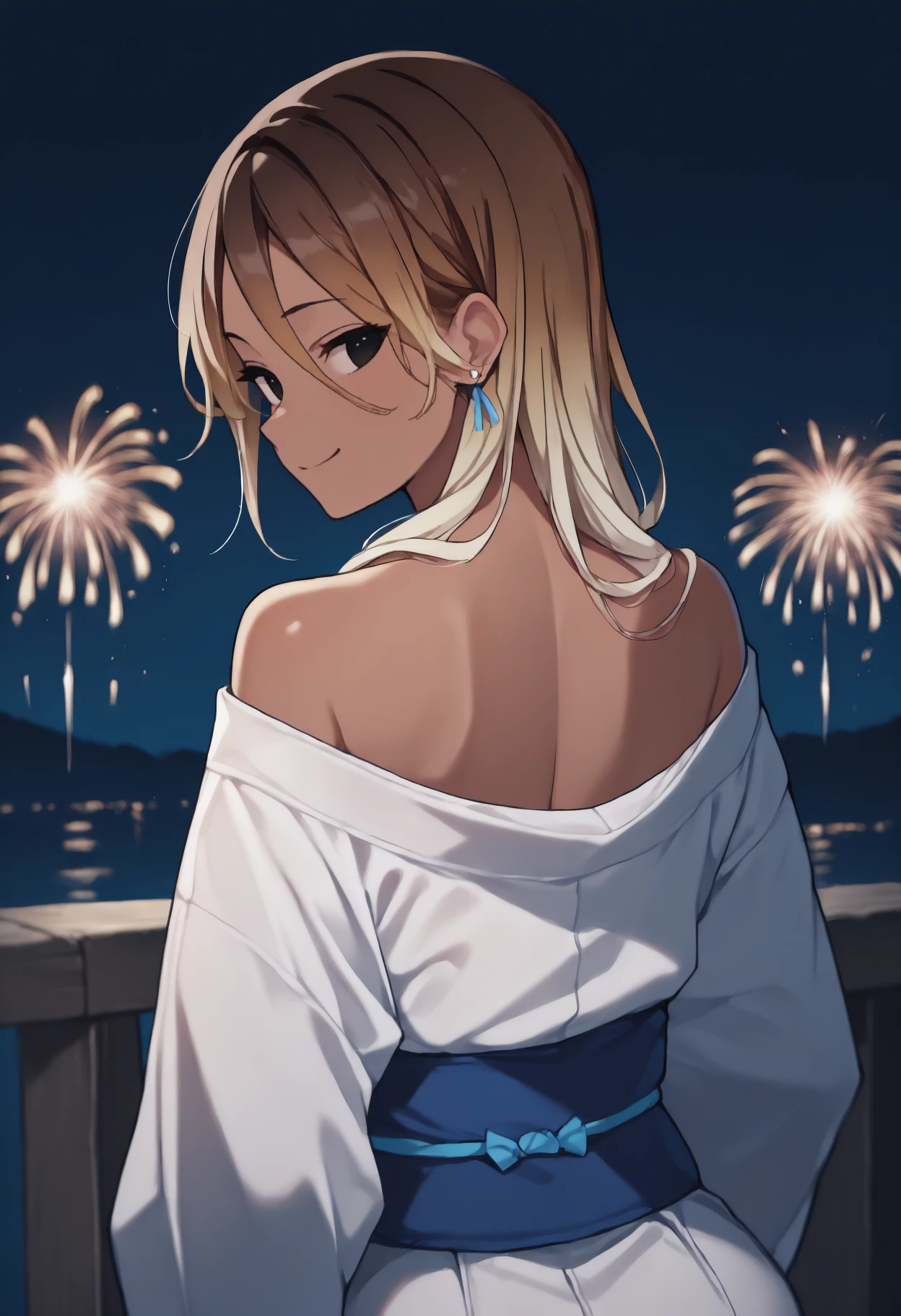 anime, masterpiece, best quality, from behind, solo, 1girl, 1zum1, dark-skinned female, tan, smile, looking back, long hair, gradient hair, brown hair, blonde hair, hair between eyes, black eyes, japanese clothes, white kimono, off shoulder, blue sash, earrings, bare shoulders, outdoors, night, fireworks
<segment:yolo-Anzhc Face seg 640 v2 y8n.pt,0.4,0.5//cid=1>