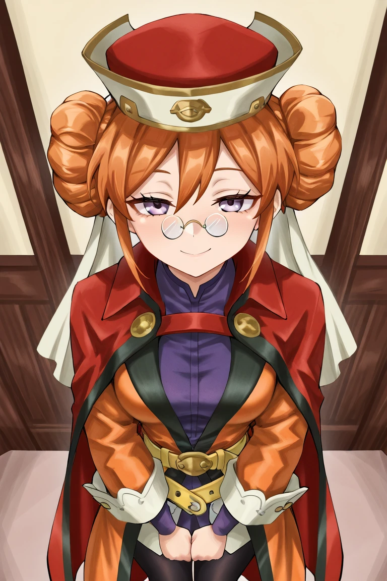 <lora:EudyIL:0.8>, eudef, 1girl, purple eyes, orange hair, double bun, doughnut hair bun, (pince-nez glasses), red cape, hat, veil, black leggings, orange coat, shirt under coat, purple shirt, yellow belt, half-closed eyes, happy, looking at viewer, from above, interior, bedroom, solo, masterpiece, very aesthetic, absurdres, best quality, amazing quality, high resolution, detailed background, <lora:illustrious_quality_modifiers_masterpieces_v1:0.8> ,