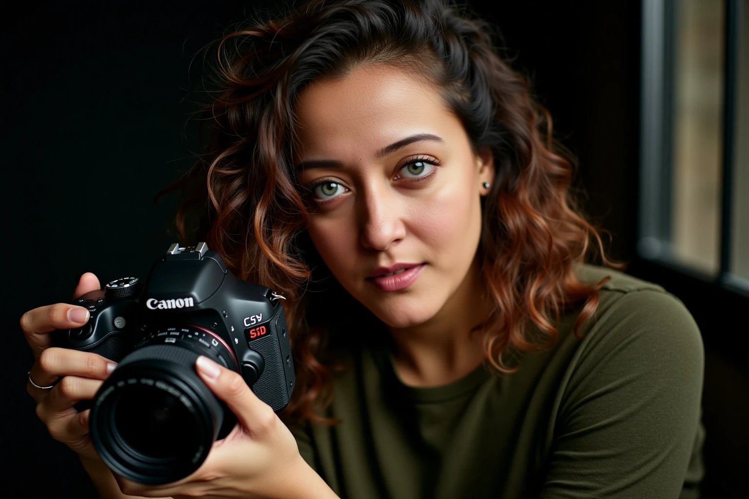 Close-up portrait of raimasenukohwx curly hair, holding a Canon DSLR camera.  Light and shadow play across her face, highlighting her light-blue eyes and soft features.  The woman appears thoughtful, with a composed expression.. She has a light complexion . She's wearing a dark olive-green, casual, long-sleeved shirt. The details of the camera are clear in the image.  Natural lighting casts gentle shadows, emphasizing her facial structure. The depth of field focuses primarily on the woman and camera, with the background showing a dark interior and visible window pane in soft-focus, creating a moody atmosphere. The composition is a close-up, with a slightly low-angle perspective that draws attention to her face and upper body. The colors are subdued, largely muted tones of blacks, browns, and greens, complemented by the light reflecting in her eyes. The textures are smooth on her skin, and the camera's matte plastic has a distinct texture. The image has a photographic realism style with soft lighting and a subtle, artistic feel, reminiscent of studio portraiture. The overall tone is contemplative and serene.
