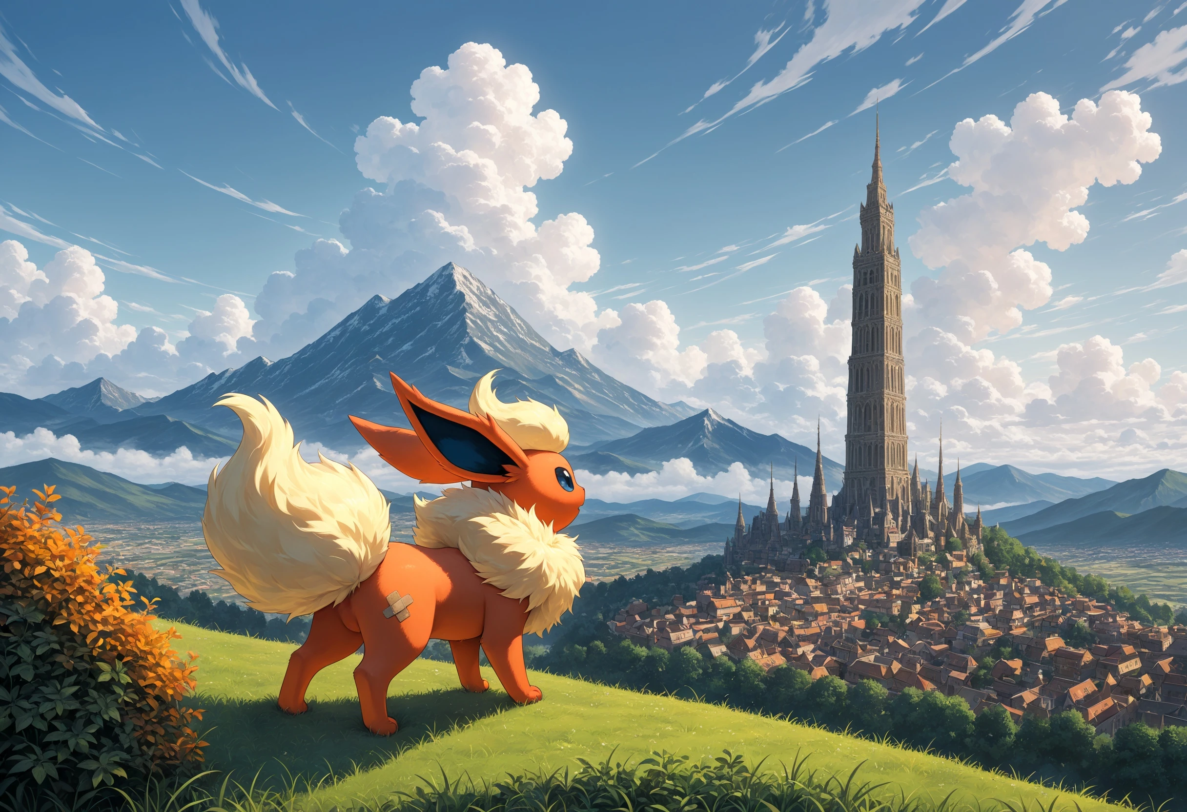 masterpiece, best quality, explicit,
flareon,
very awa, no humans, scenery, solo, looking afar, pokemon \(creature\), slightly from side, grass, windy, sky, landscape, cityscape in the far background, majestic pose, cloud, building, standing, full body, day, city, outdoors,
A mountainous area. the mountains are covered in greenery and shrubs, with patches of brown and orange vegetation. in the center of the image, there is a tall, pointed structure that appears to be a tower or spire, which could be a landmark or a monument. the sky above is blue with white clouds scattered across it.