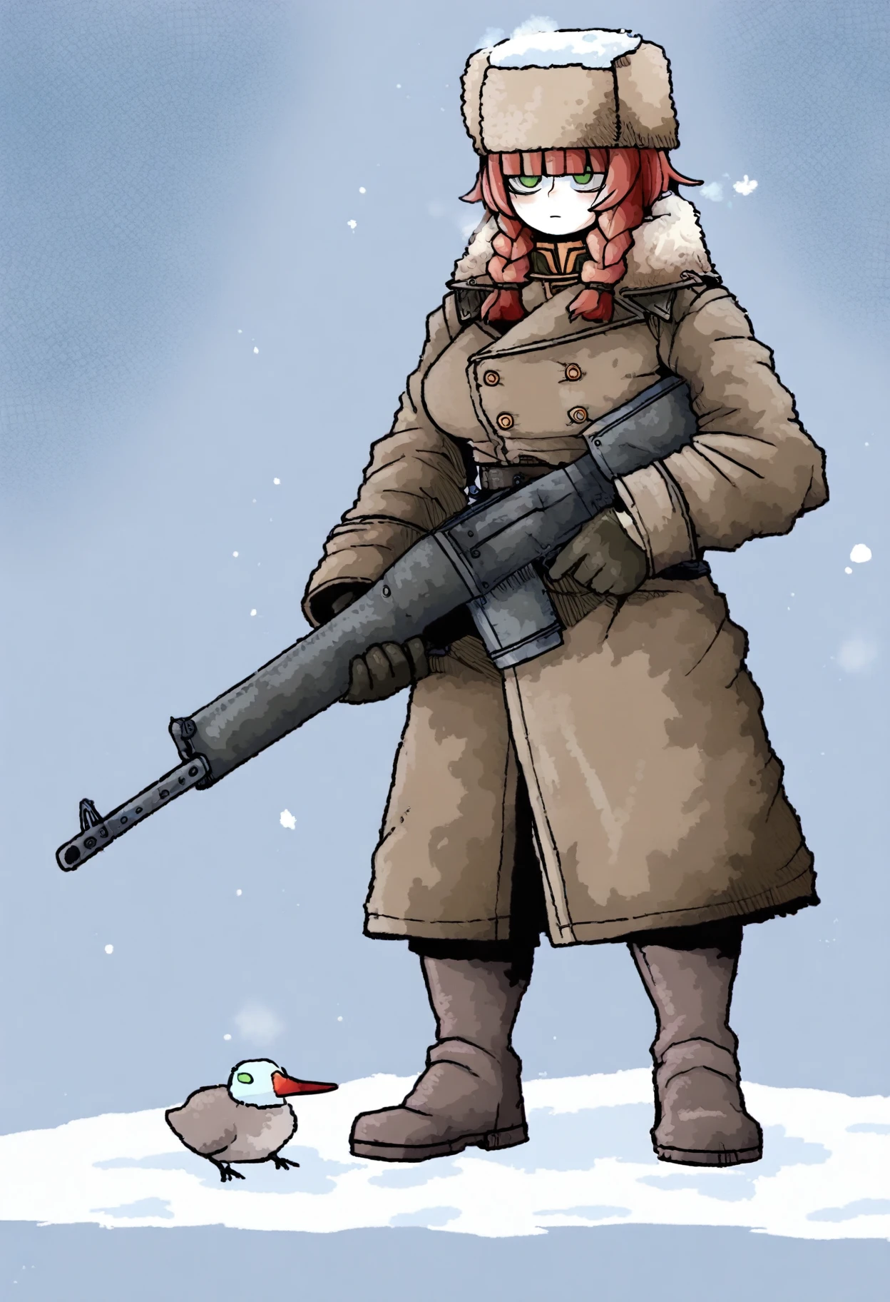 1girl, green eyes, odd eyes , red hair, medium hair , twin braids, hair over eyes, covered eyes, blunt bangs, breasts,
weapon, gun, holding weapon, gloves, holding, solo, military uniform, holding gun, rifle, uniform, fur hat, ushanka, boots, simple background, coat,
winter, snow,
 <lora:octosoupIL-style:1>, octosoup,