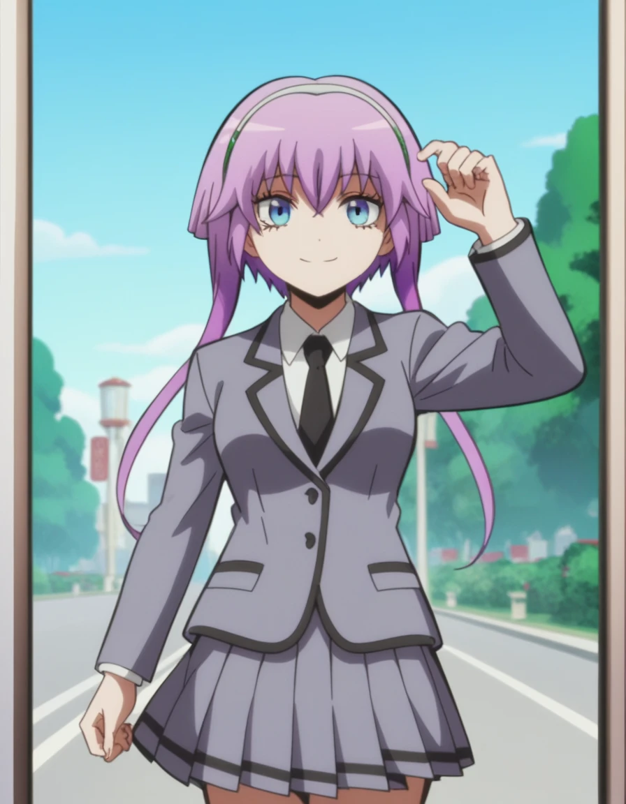 score_9, score_8_up, score_7_up, source_anime, <lora:ritsu-hayasaka-s1s2-ponyxl-lora-nochekaiser:1>, ritsu hayasaka, blue eyes, purple hair, twintails, hairband, medium breasts, anime screencap,, blazer, grey blazer, school uniform, pleated skirt, necktie, grey skirt, black necktie, white shirt, collared shirt, long sleeves,, city street, evening, streetlights, walking dog, quiet neighborhood, gentle breeze, smile, smile, looking at viewer, solo,, dutch angle, cowboy shot