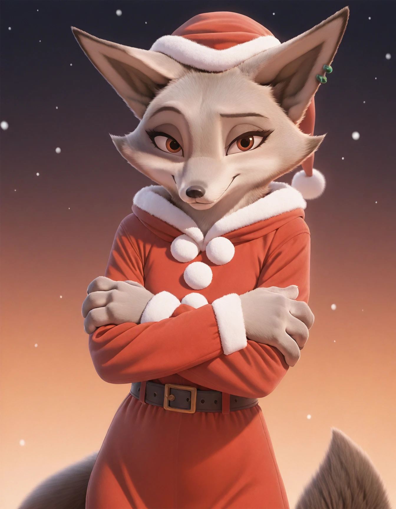 Zhen, solo, girl, fox, brown eyes, jade piercing on the left ear,  gray fur, furry, gray paws, 4 fingers, crossed arms, looking at viewer, closed mouth, santa hat, red dress, black nose, santa dress, gradient background, smile, snowing
masterpiece, best quality,
 <lora:Zhen_illustriousXL:0.8>