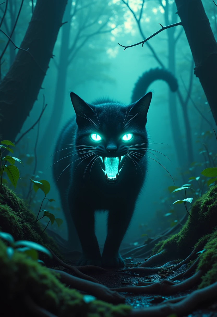 A sinister, otherworldly cat with glowing blue eyes and a wide, menacing grin filled with razor-sharp teeth. Its striped fur is unnaturally smooth, and it crouches in a dim, foggy forest with an eerie teal glow, its gaze piercing and predatory. void.