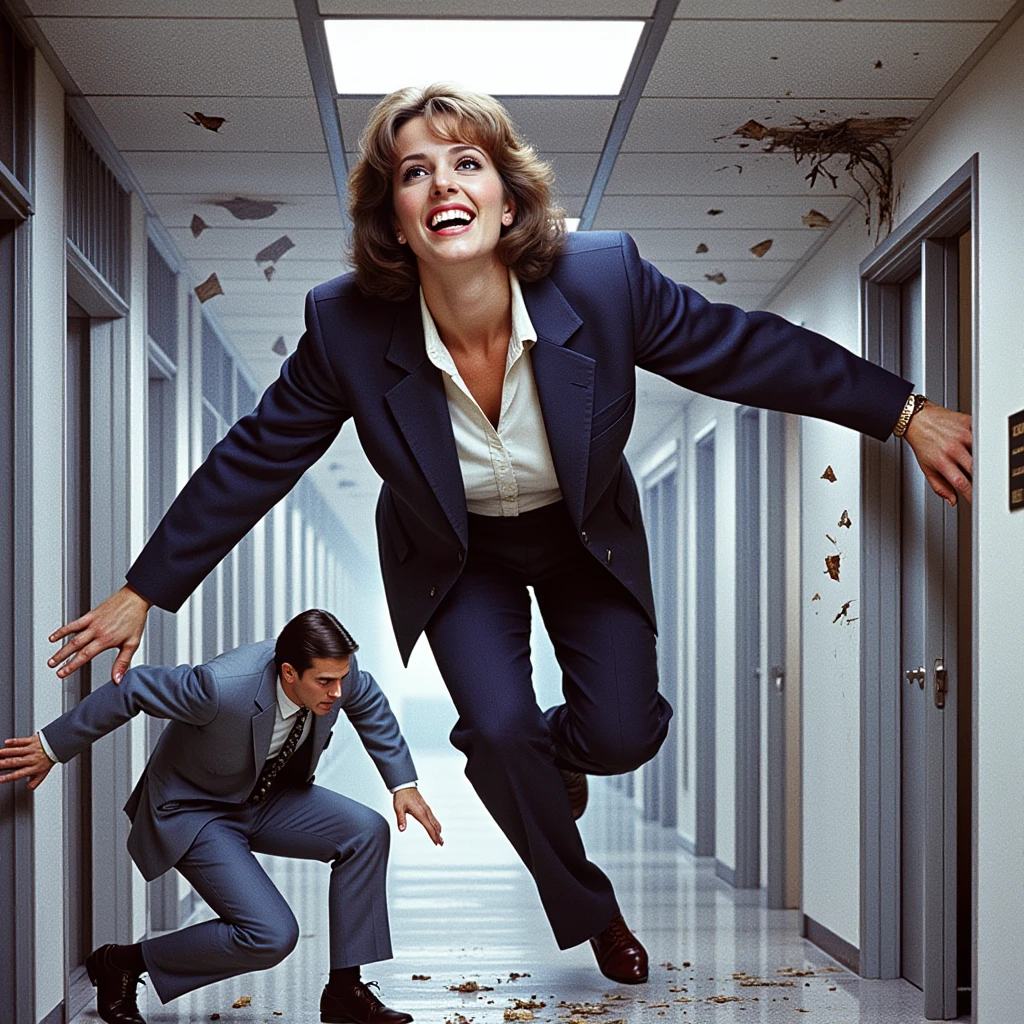 1980s movie screencap, giant-sized extremely tall woman in a suit crawling through a confined hallway in an office building. she has an evil grin as she is enjoying her newfound size. coworkers are fleeing in panic away from her. debris is falling from the ceiling and walls begin to crack as her giant body is bumping against the cramped space. the comparatively tiny surroundings and coworkers emphasize her giant size.