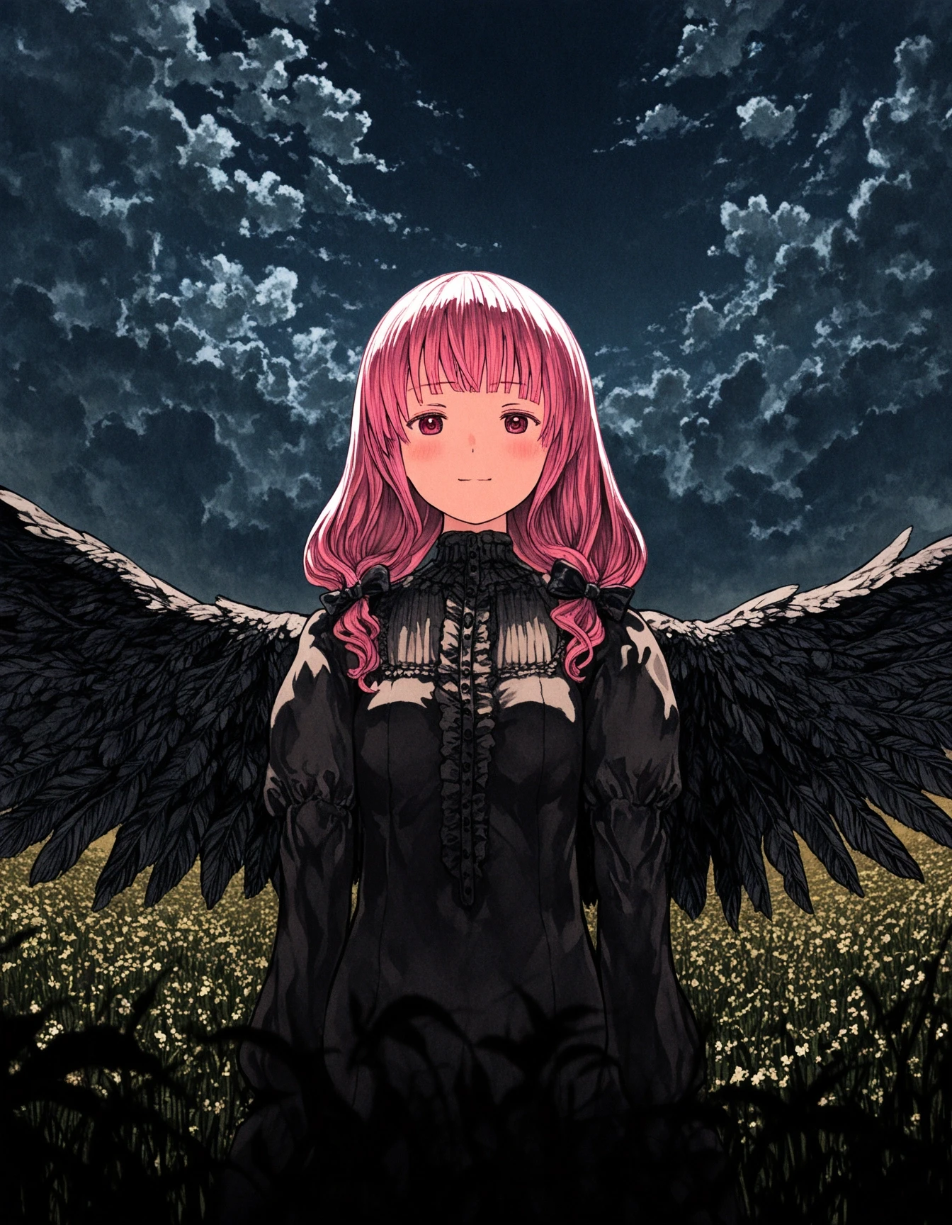 1girl, masterpiece, very awa, (harusame \(rueken\):0.6), (yoshida akihiko:1), highres, (traditional media:0.6), (3D:0.4), (jaggy lines:0.4), lineart, wide shot of an evil angel wearing formal clothes in a meadow, fantasy, black wings, feathered wings, pink hair, twintails, hair bow, light blush, 1girl, solo, linear hatching, film grain, mature female, small breasts, blouse, gothic fashion, (jitome eyes:0.75), light smile, scenery, cumulonimbus cloud, outdoors, night, (shaded face:0.5), perspective, depth of field, from below <lora:96_chadmix_vpred10_1a.safetensors:1.0>,