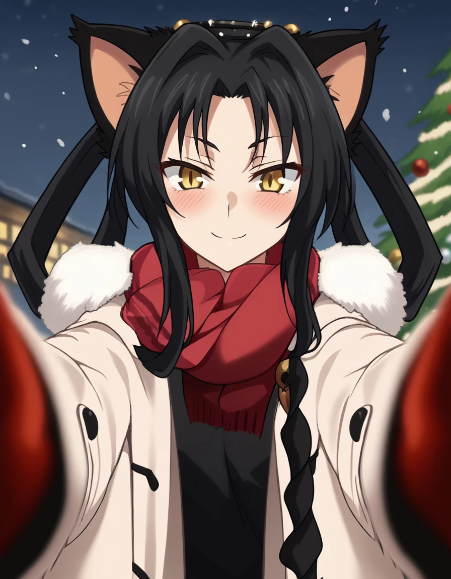 score_9, score_8_up, score_7_up, source_anime, <lora:dxd-kuroka-s3-ponyxl-lora-nochekaiser:1>, kuroka, long hair, black hair, animal ears, tail, cat ears, cat tail, multiple tails, hair rings, nekomata, yellow eyes, slit pupils, parted bangs, sidelocks, anime screencap,, <lora:pov-cheek-warming-ponyxl-lora-nochekaiser:1>, pov cheek warming, pov cheek warming (meme), winter gloves, duffel coat, fur-trimmed scarf, winter clothes, red mittens, meme, winter coat, red scarf, fur-trimmed coat, reaching towards viewer, reaching, mittens, fur-trimmed hood, white coat, open coat, scarf, coat, red gloves, snowing, pov, fur trim, depth of field, smile, blush,, christmas, christmas tree, christmas lights,, , dutch angle, cowboy shot