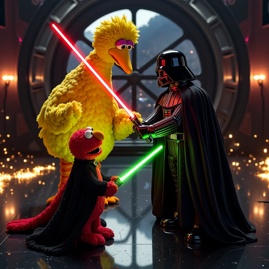 Imagine an image in the style of cinematic photorealism depicting Elmo, dressed as Emperor Palpatine, engaged in a lightsaber duel with Big Bird as Darth Vader in the Emperor's Throne Room. Elmo wields a glowing green lightsaber, its vibrant light contrasting sharply with his dark robes and bright red fur. Big Bird towers over him, his yellow feathers juxtaposed with the dark Vader armor, gripping a crimson lightsaber with imposing strength. The massive circular window behind them reveals the distant space battle, while the glossy black floor reflects the vivid glow of their clashing blades. Sparks illuminate the room, heightening the surreal mix of intensity and absurdity in the iconic setting.