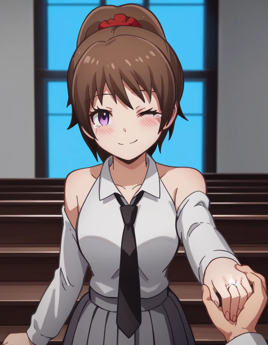 score_9, score_8_up, score_7_up, source_anime, <lora:touka-yada-s1s2-ponyxl-lora-nochekaiser:1>, touka yada, brown hair, hair ornament, purple eyes, ponytail, scrunchie, hair scrunchie, medium breasts, anime screencap,, skirt, school uniform, pleated skirt, necktie, grey skirt, black necktie, white shirt, collared shirt, long sleeves,, jetty, water, boats, dock, narrow, smile, <lora:wedding-ring-ponyxl-lora-nochekaiser:1>, wedding ring, marriage proposal, pov, pov hands, hand grab, blush, wedding dress, white dress, veil, one eye closed, tears, church, smile, bare shoulders, collarbone, cleavage, dutch angle, looking at viewer, cowboy shot,, looking at viewer, solo,, dutch angle, cowboy shot