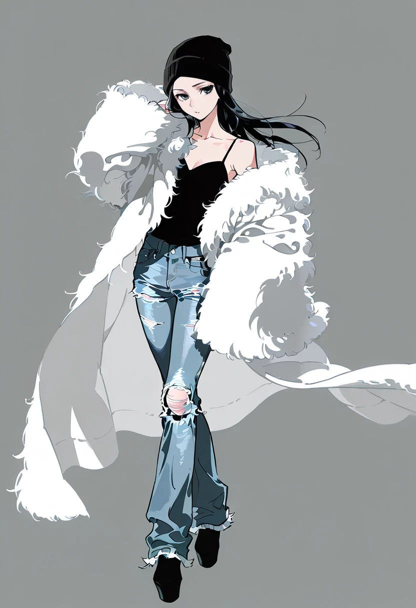 1girl,solo,looking at viewer,ikeda ruriko,long tulle jacket, coat, frills, fluffy, torn jeans, beanie, kuchiki_rukia