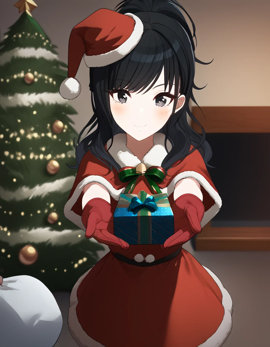 score_9, score_8_up, score_7_up, source_anime, <lora:hiori-kazano-s2-ponyxl-lora-nochekaiser:1>, hiori kazano, long hair, bangs, black hair, black eyes, ponytail, mole, mole under mouth,, <lora:santa-costume-ponyxl-lora-nochekaiser:1>, santa costume, santa hat, christmas, sack, merry christmas, gift, fur-trimmed headwear, holding sack, santa dress, fur-trimmed dress, christmas tree, christmas tree, fur trim, red capelet, gift box, red gloves, fur-trimmed capelet, santa gloves, red hat, hat,, smile, blush, looking at viewer, <lora:incoming-gift-ponyxl-lora-nochekaiser:1>, incoming gift, outstretched arms, holding, holding gift, gift, gift box,, , dutch angle, cowboy shot