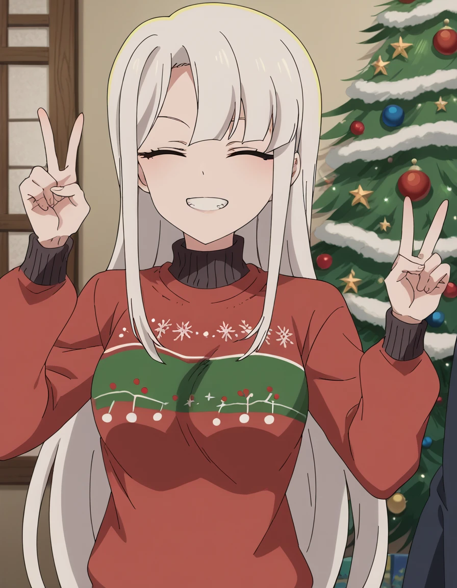 score_9, score_8_up, score_7_up, source_anime, <lora:machina-solege-s1-ponyxl-lora-nochekaiser:1>, machina solege, long hair, bangs, pink eyes, white hair, medium breasts, anime screencap,, <lora:christmas-sweater-ponyxl-lora-nochekaiser:1>, christmas sweater, christmas, ugly sweater, print sweater, red sweater, christmas tree, christmas ornaments, sweater, multicolored sweater, , v, smile, hands up, teeth, closed eyes, cowboy shot,, , dutch angle, cowboy shot