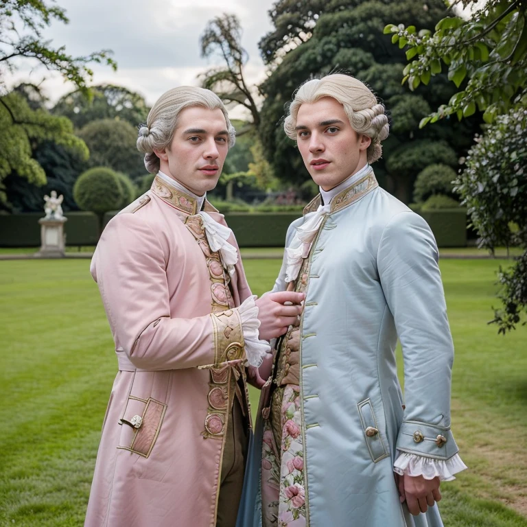 <lora:18th_Century_man_V0-000018:0.5> w16hsl1ps, 2boys, 2men,  professional photograph, 4K, 18th century clothes, historical wig, grey hair, sunny field, palace gardens, dramatic lighting, ultra realistic photograph, professional art, by Gucci photographer, medium shot, from waist up, pink lips, (light blue coat), (from front:1.1), looking to side,