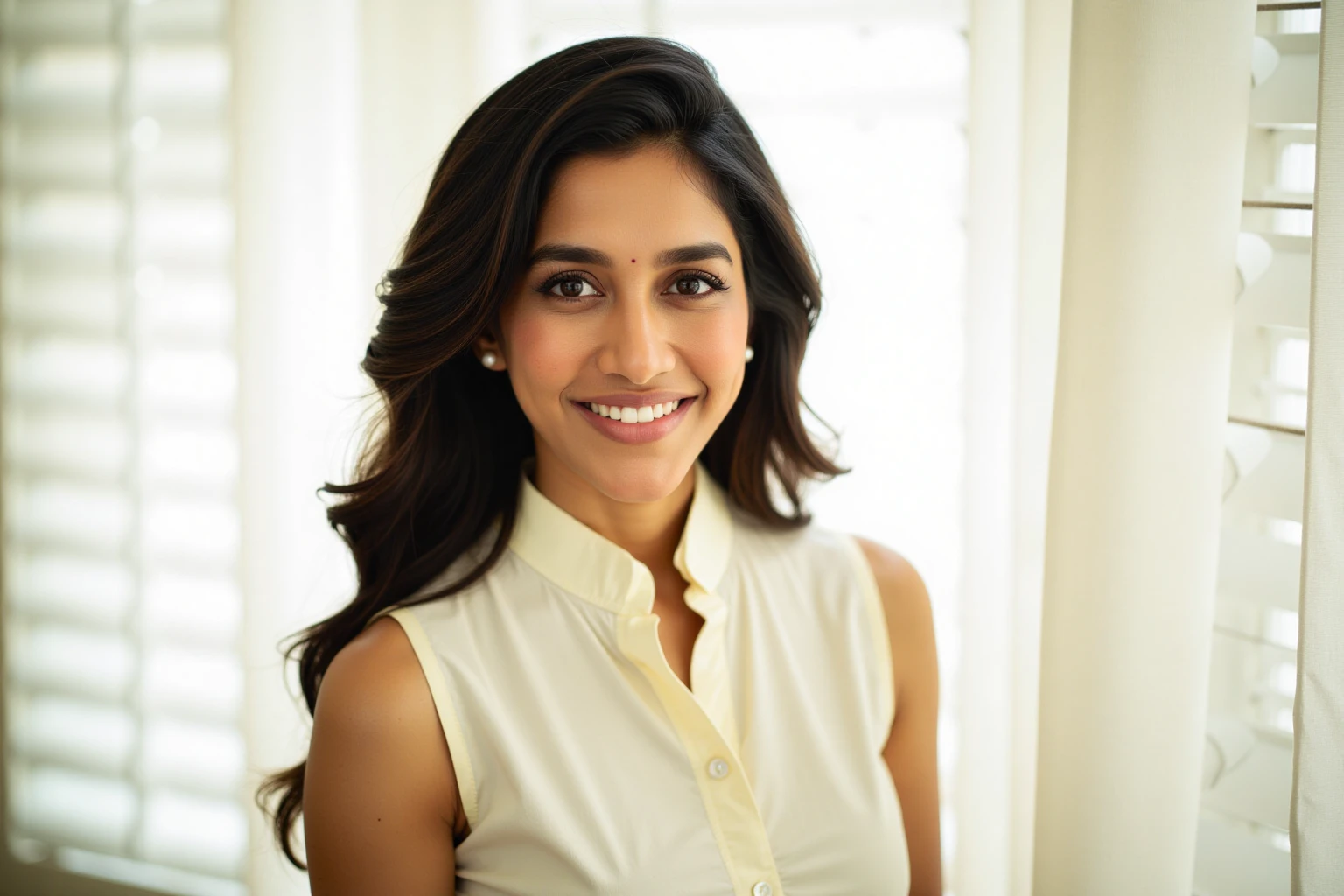 Close-up portrait of nabhanateshukohwx  with medium complexion and long, wavy, dark brown hair, with a soft, gentle expression.  She is wearing a light cream-colored, sleeveless, button-down top with a relaxed fit.  The fabric has a subtle texture. Facial features are delicate and symmetrical; her eyes look directly at the camera, and her lips are subtly pursed in a pleasant, relaxed expression. Her skin is smooth, and she has minimal makeup on.  A simple, small pearl earring adorns each earlobe. The background is out-of-focus, featuring light colored patterned curtains or blinds, creating a soft, neutral backdrop. The lighting is soft and diffused, casting no harsh shadows. The overall mood is pleasant, relaxed, and inviting.  The image has a slightly soft-focus effect, typical of a portrait taken with a medium telephoto lens.  Casual portrait style.
