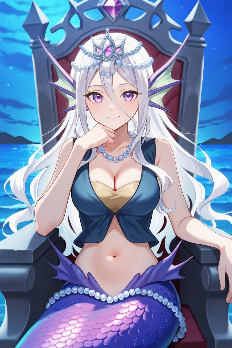 <lora:EmeloneIL:0.7> , emdef, 1girl, (mermaid), monster girl, purple eyes, long hair, hair between eyes, white hair, head fins, purple scales, cleavage, navel, midriff, sleeveless, (blue top), blue vest, yellow chest wrap, jewelry, beads, pearl (gemstone), exterior, night, ocean, closed mouth, smile, sitting, throne, hand on own chin, queen, looking at viewer,  solo, masterpiece, very aesthetic, absurdres, best quality, amazing quality, high resolution, detailed background,  <lora:illustrious_quality_modifiers_masterpieces_v1:0.8> ,