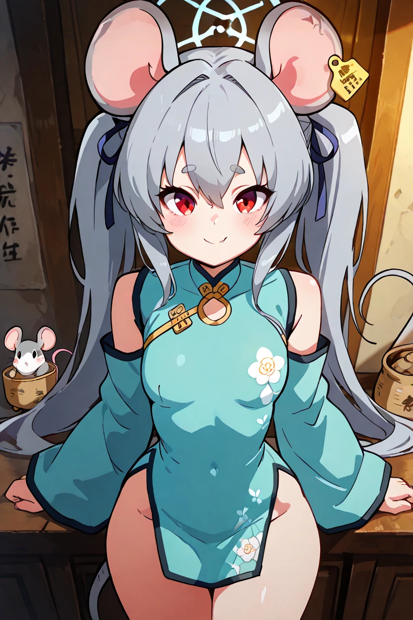 masterpiece, best quality, solo, curvy, beautiful eyes, zzSaya, animal ears, mouse ears, long hair, red eyes, grey hair, halo, mouse tail, mouse girl, tail, fang, china dress, ear tag, solo, blue dress, detached sleeves, mouse, bow  ,<lora:SayaBluearchiveIXL:1.0>, from above, dynamic pose, cowboy shot, smile, looking at viewer, shiny skin,<lora:DiivesIXL:1.0>,