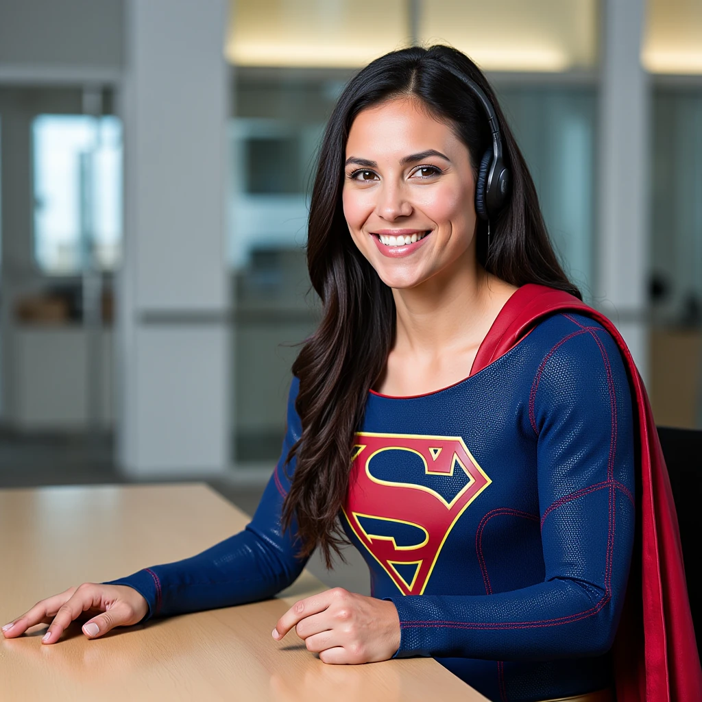 photo of a woman wearing red and blue sg outfit shirt cape sitting at a table with headphones on in a callcenter