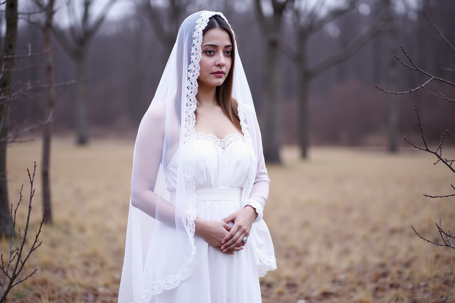 raimasenukohwx  wears a sheer, white, flowing veil draped over her shoulders and head, obscuring parts of her face and figure. The veil is translucent and light. A simple, white, loose-fitting dress or blouse is visible beneath. The dress/blouse has a delicate lace trim.  Subtle, natural makeup.  She has a thoughtful, melancholic expression, and gazes slightly to her right side.  Her posture is contemplative and slightly hunched.  She is positioned in a field or forest with the soft, golden-beige tones of dying grass or fall leaves.  Bare branches of deciduous trees and a blurred background of the forest canopy are visible behind her. The setting is evocative of an autumn or winter forest. The overall color palette is muted.  Pale lavender-purple shadows and light-gray tones are spread over the scene, creating a somber, dreamy atmosphere. Soft, diffused light caresses the scene, suggesting a cloudy day or dusk. The veil's texture contrasts with the smooth skin and muted tone of the image.  Camera angle is slightly elevated, focusing on the subject from the shoulders upward, giving a sense of melancholy.   Soft-focus style with a gentle filter effect.  Moody, ethereal, gothic atmosphere.  Fairy tale, dreamlike quality.
