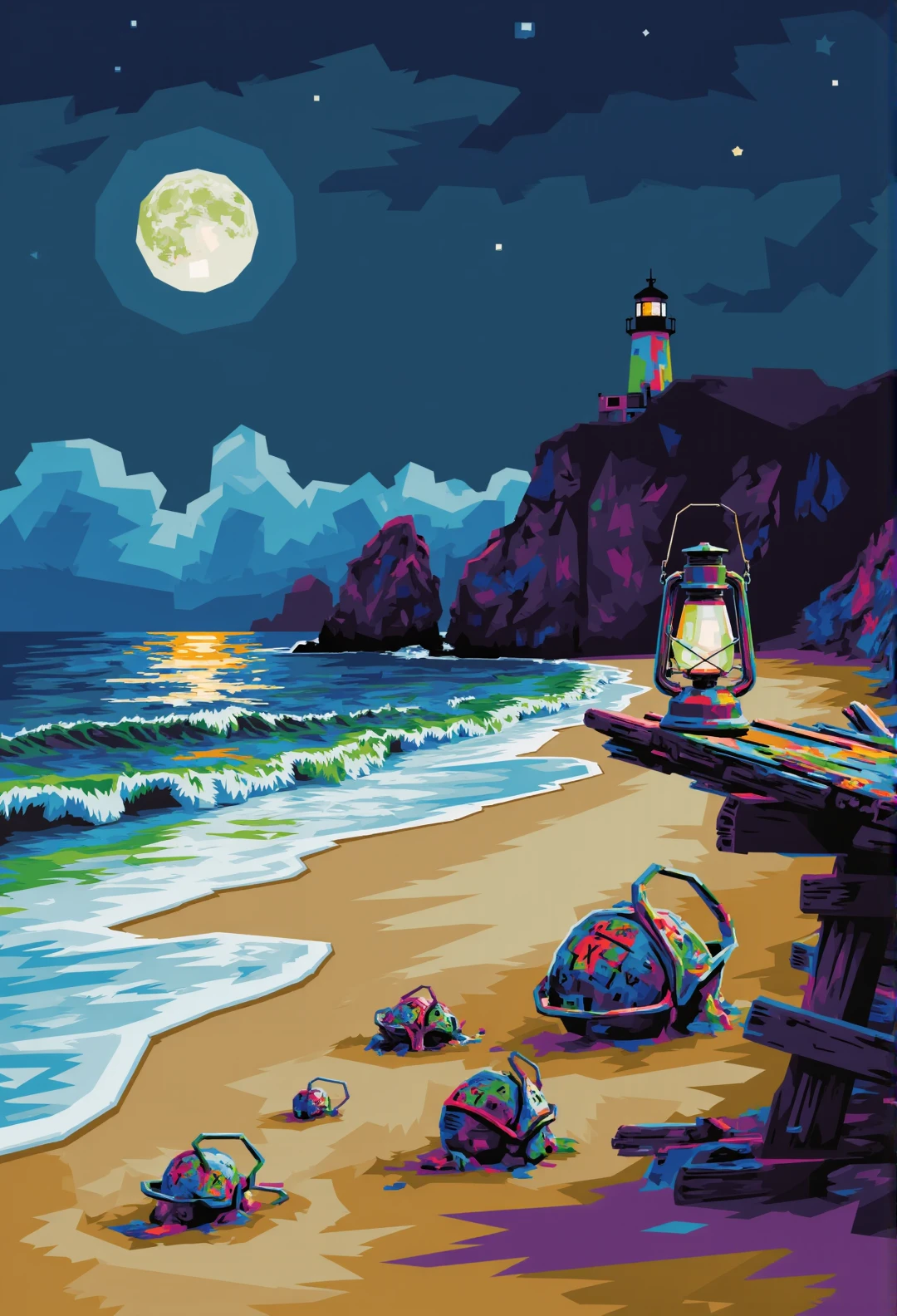 Geometric Colorful Forces,

A serene moonlit beach scene stretches before us, painted in a surrealistic style that evokes a sense of mystery and wonder. The calm ocean gently laps against the shore, its waves glistening with the silvery reflection of a full moon hanging low in the night sky. Scattered across the sand are peculiar, ancient artifacts partially buried, hinting at a long-forgotten civilization. The artifacts are ornate and intricately designed, featuring mystical symbols and runes that spark curiosity and intrigue. 

To the right, a dilapidated wooden pier juts defiantly into the sea, its weathered planks whispering forgotten tales of old. Upon the pier, an antique lantern flickers with an ethereal light, casting long shadows across the beach, leading the gaze towards a distant misty horizon.

In the distance, a lone lighthouse stands atop a rugged cliff, its beacon sweeping a gentle arc across the ocean, both guiding and guarding the secrets hidden within the depths. A soft fog rolls in, partially obscuring the lighthouse and adding to the enigmatic ambiance.

The sky, painted in deep indigo hues, is sprinkled with stars that seem to dance and twinkle above, creating an almost otherworldly feeling as if the scene itself is untouched by time. The overall effect of this oil painting captures a moment of tranquility and mysticism, inviting the viewer to ponder the stories held in the sands of the beach and the history of the artifacts scattered around.