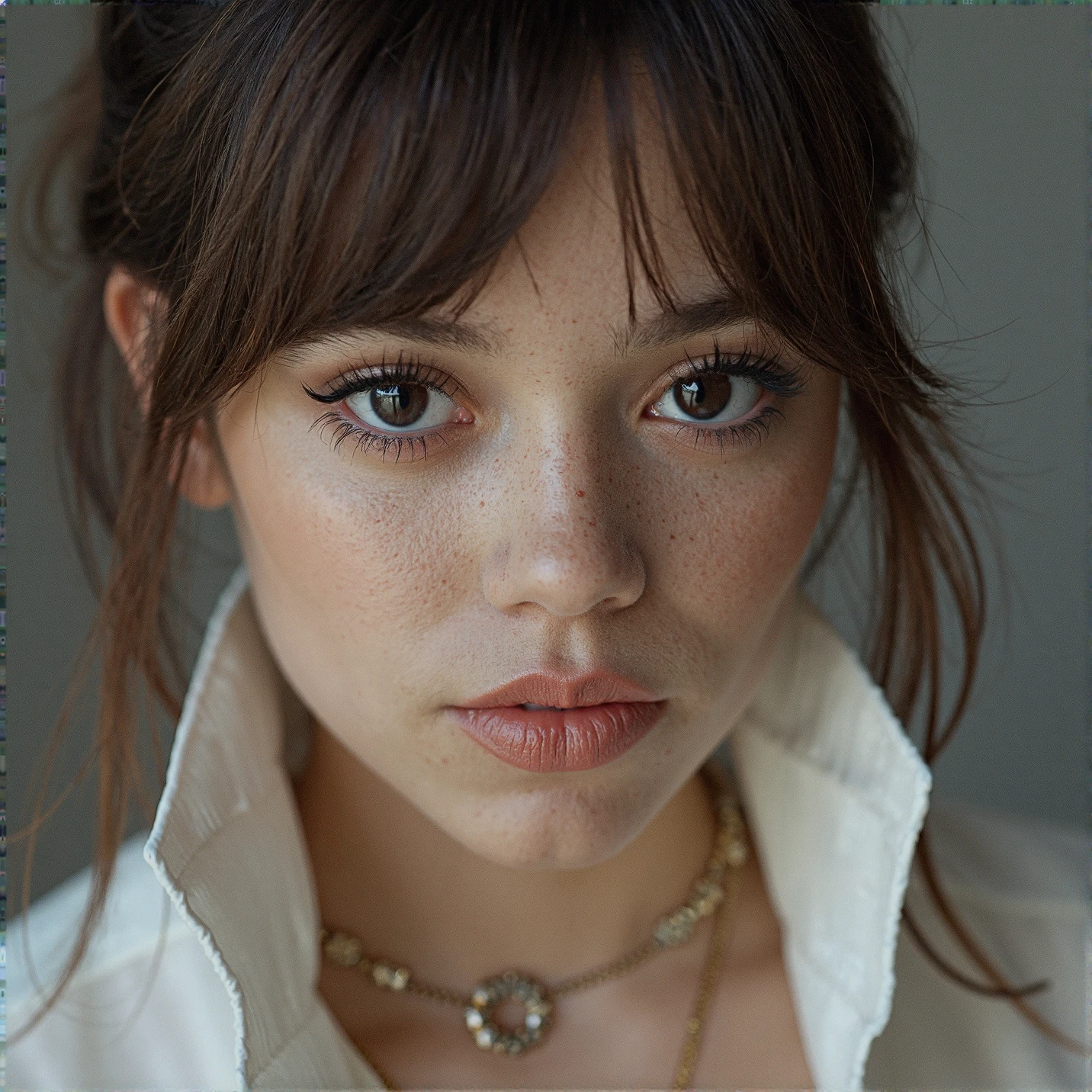 Breathtaking over the shoulder shot photography of ohwx looking at viewer, high collar white blouse, imperfections, necklace with ornament falling down her back, looking over shoulders, eyelashes, fine hair detail, entire hairstyle visible, perfect eyes with iris pattern, sensual lips, nose, (perfectly sharp:1.3), realistic textures, (deep focus on subject, blurred background:1.4), 8k uhd, dslr, ultra high quality image, film grain, Fujifilm XT3