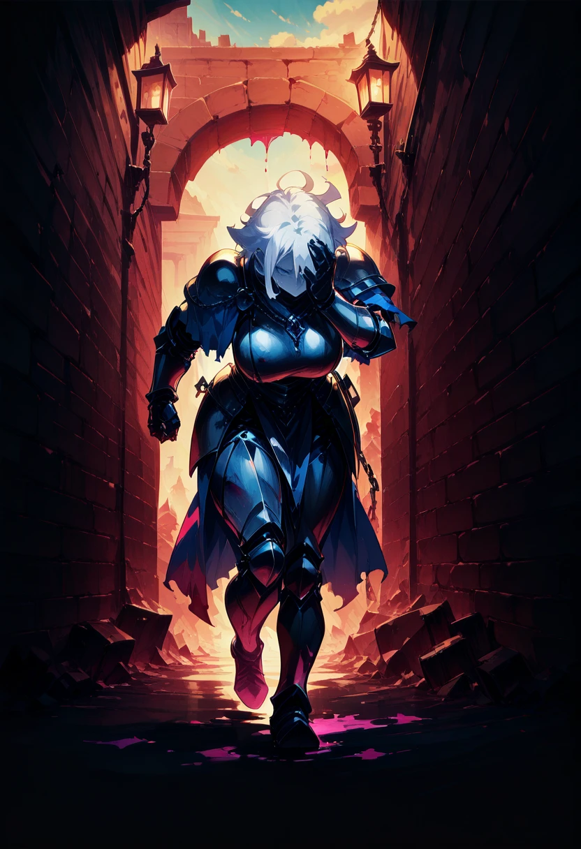 1girl,   cyan hair, short hair, messy hair, tri tails,   white eye, huge breasts,  skinny,  
BREAK   1girl, leaning forward, running,   facepalm,    
BREAK               armor, gauntlets, chain, capelet, armored dress,  dungeon, gas lanterns, brick wall, bloody background, splattered blood, (fantasy, medieval, ancient),     
BREAK safe, masterpiece, best quality, very aesthetic, absurdres, highres, newest, <lora:ponyv5_noobV065S_1_adamW:0.7>, <lora:lora:0.4>, <lora:Unstable_v1.0_f:1>