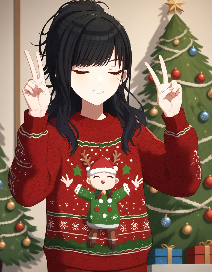 score_9, score_8_up, score_7_up, source_anime, <lora:hiori-kazano-s2-ponyxl-lora-nochekaiser:1>, hiori kazano, long hair, bangs, black hair, black eyes, ponytail, mole, mole under mouth,, <lora:christmas-sweater-ponyxl-lora-nochekaiser:1>, christmas sweater, christmas, ugly sweater, print sweater, red sweater, christmas tree, christmas ornaments, sweater, multicolored sweater, , v, smile, hands up, teeth, closed eyes, cowboy shot,, , dutch angle, cowboy shot