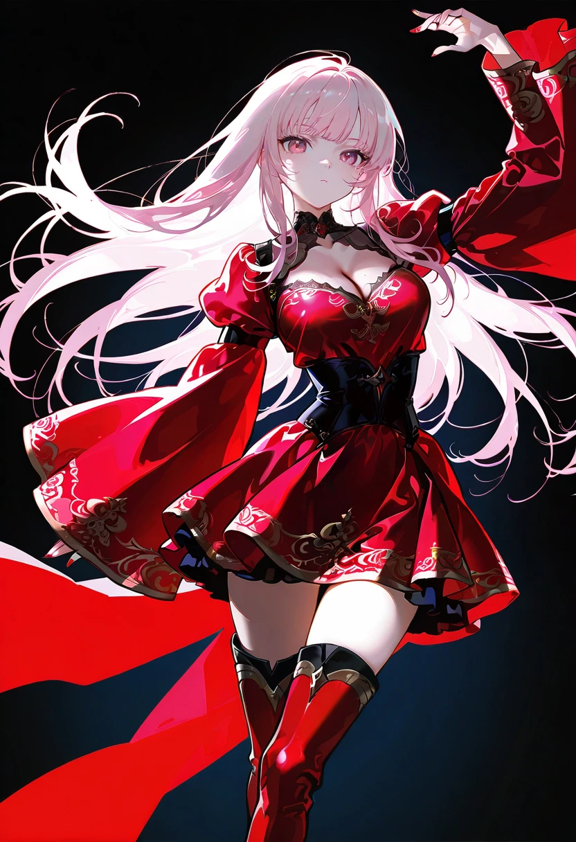 1girl,solo,looking at viewer,ikeda ruriko,silk red dress, wide sleeves, thigh boots, mori_calliope