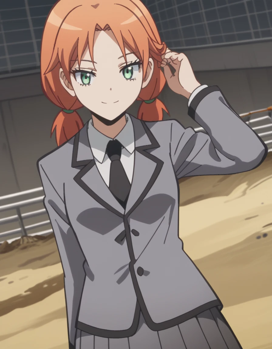 score_9, score_8_up, score_7_up, source_anime, <lora:rinka-hayami-s1s2-ponyxl-lora-nochekaiser:1>, rinka hayami, twintails, green eyes, orange hair, medium breasts, anime screencap,, blazer, grey blazer, skirt, school uniform, pleated skirt, necktie, grey skirt, black necktie, white shirt, collared shirt, long sleeves,, construction site, machines, workers, progress, dirt, smile, <lora:tucking-hair-ponyxl-lora-nochekaiser:1>, tucking hair, adjusting hair, hand on own hair, hair behind ear,, looking at viewer, solo,, dutch angle, cowboy shot