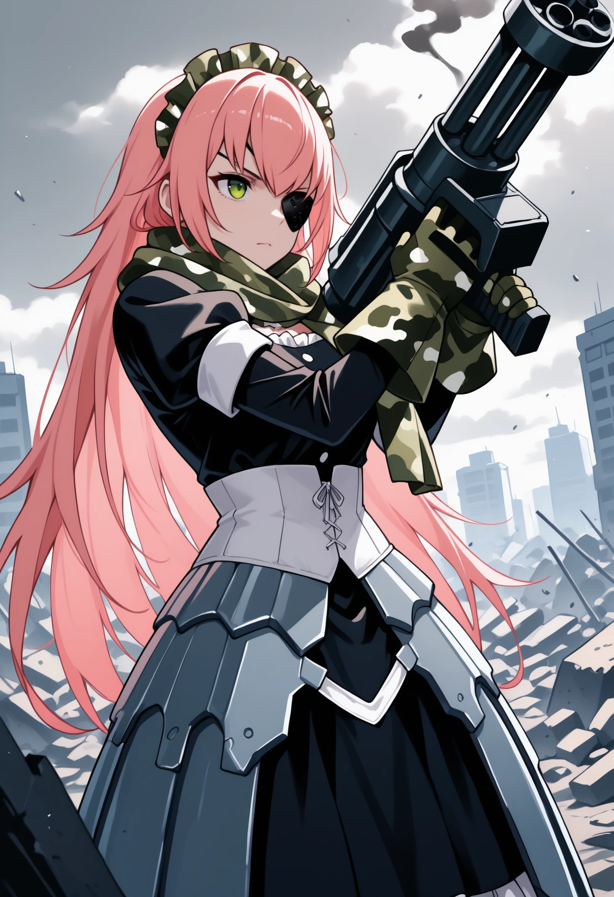 masterpiece, best quality, solo, 1girl, czdlt, serious, holding gun, minigun, two-handed, smoke, pink hair, maid headdress, green eyes, eyepatch, frills, camouflage, black dress, armored dress, juliet sleeves, green gloves, white corset, faulds, green scarf, outdoors, grey sky, cloudy sky, city, debris, rubble
<segment:yolo-Anzhc Face seg 640 v2 y8n.pt,0.4,0.5//cid=1>