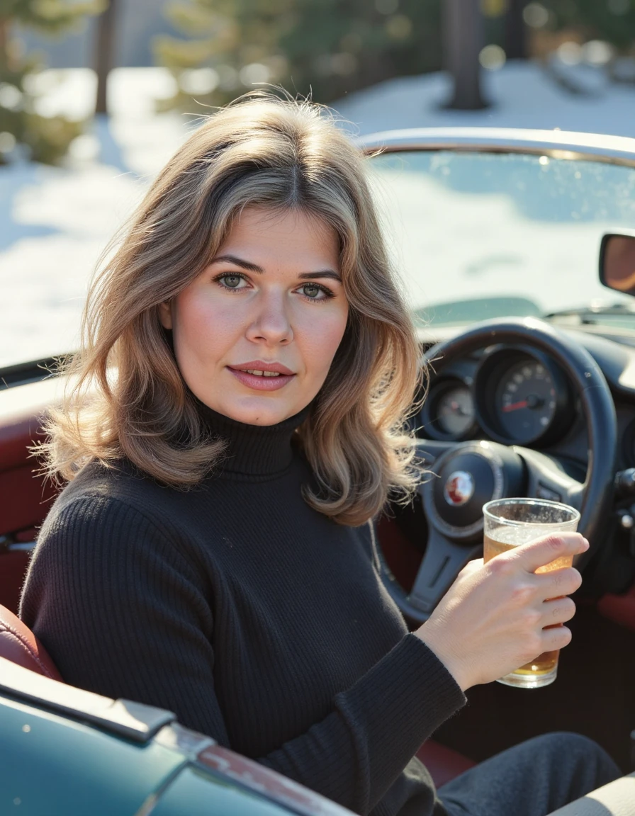 sitting in a fancy sports car with a drink in her hand wearing a turtleneck in the winter <lora:loretta-swit-hotlips-houlihan-flux:1>