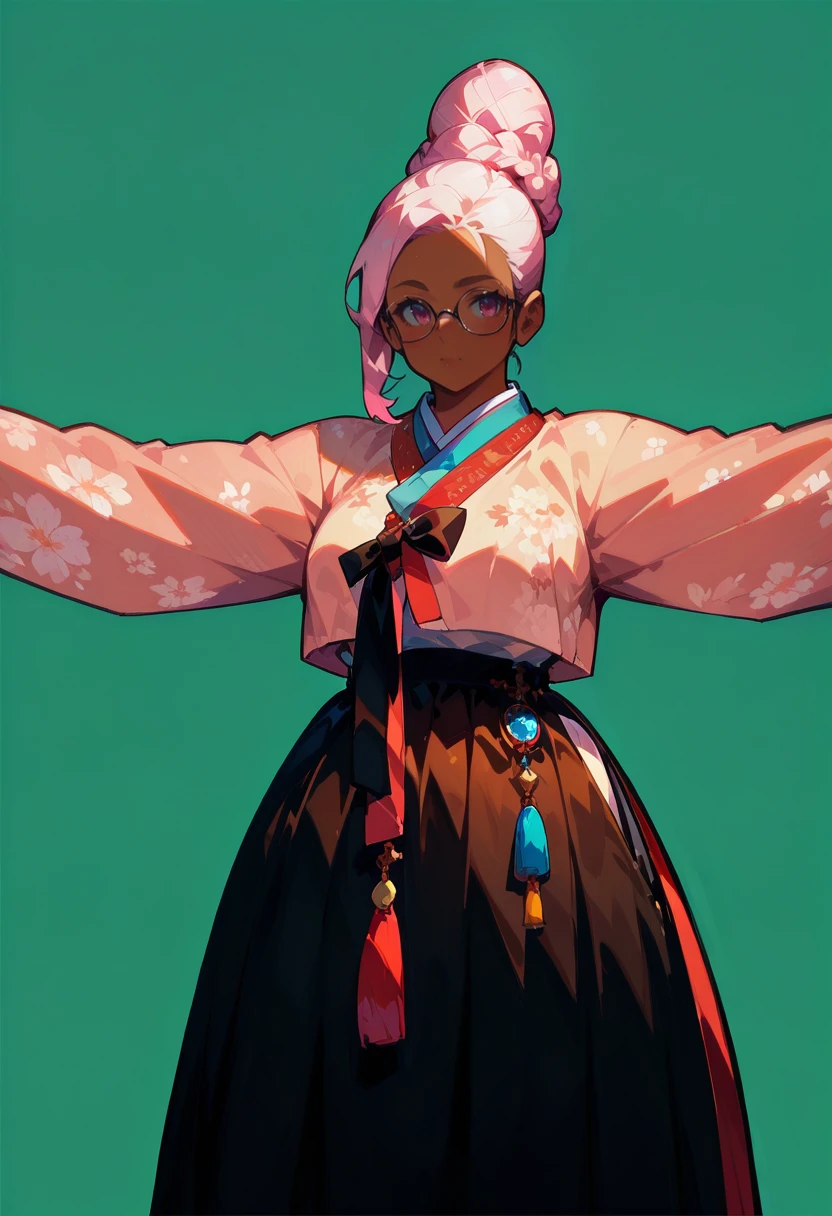 1girl,  milf, pink hair, asymmetrical hair,  braided bun,     brown skin,   
BREAK   1girl, pinup pose with arms wide open,       
BREAK        glasses,       hanbok, korean clothes, clothed_underbust, floral print, (green background),     
BREAK safe, masterpiece, best quality, very aesthetic, absurdres, highres, newest, <lora:ponyv5_noobV065S_1_adamW:0.7>, <lora:lora:0.4>, <lora:Unstable_v1.0_f:1>