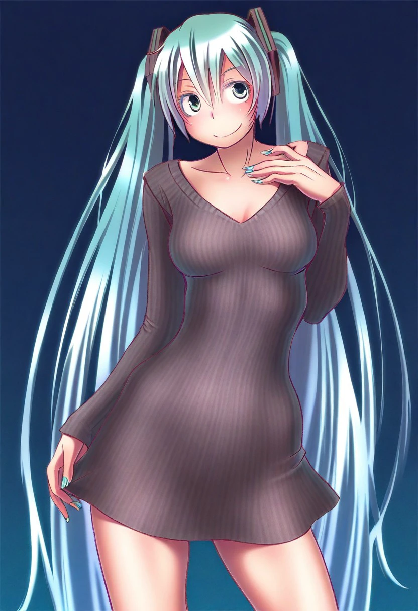 masterpiece, best quality,
 1girl, solo,  wokada style, hatsune miku,
aqua hair, aqua eyes, aqua nails, very long hair, twintails, long hair, 
nail polish,
medium breasts, breasts,
hair between eyes, 
dress,
(((short dress))),