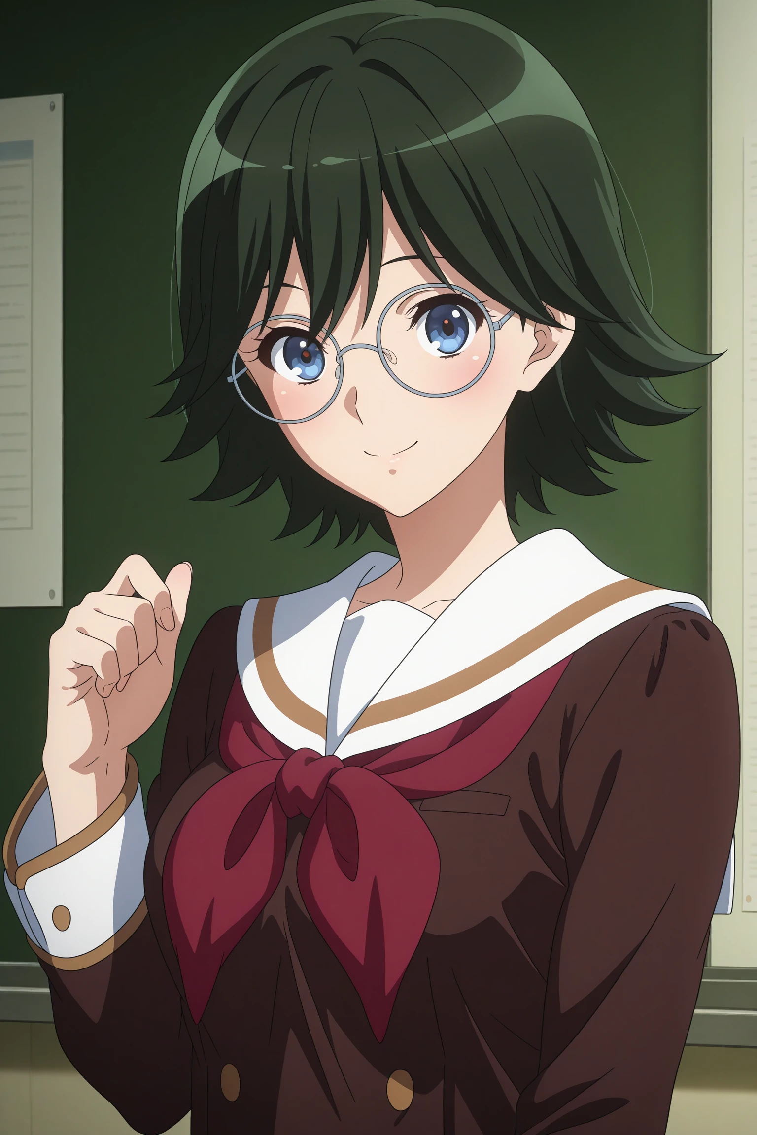 masterpiece, best quality, amazing quality, highres, absurdres, very aesthetic, high resolution, ultra detailed, perfect details, 1girl, solo, indoors, classroom, medium breasts, kamaya tsubame, short hair, green hair, wispy bangs, blue eyes, round eyewear, serafuku, brown serafuku, white sailor collar, red neckerchief, long sleeves, brown skirt, pleated skirt, white kneehighs, loafers, <lora:Tsubame_Kamaya_ILXL:0.8>, (aged up:1.2), (upper body:1.5), looking at viewer, smile, anime coloring, anime screencap, (pose:1.3)