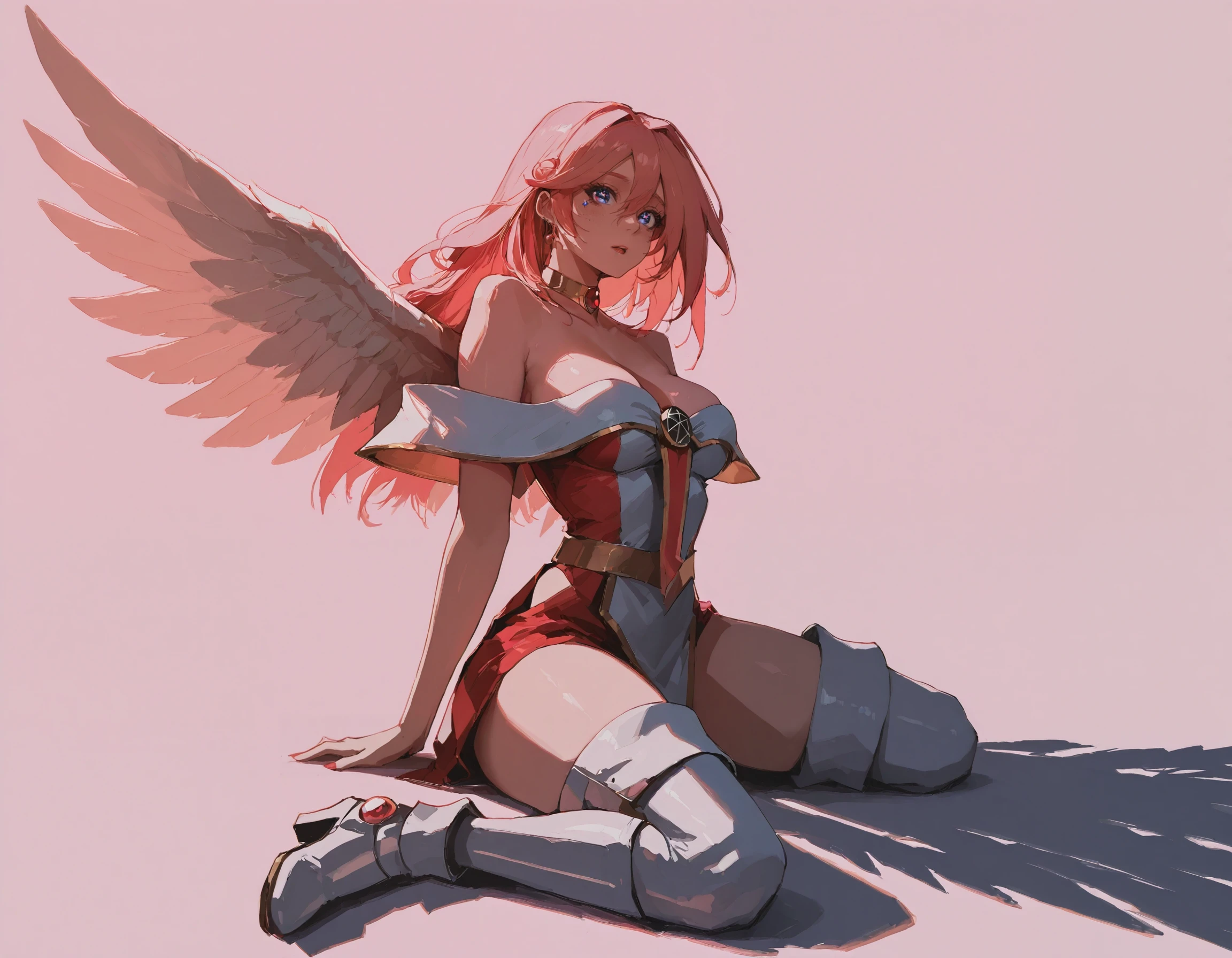 masterpiece, best quality, newest, absurdres, highres, 69yottea_style_illu, gobo lighting, shadows, dappled sunlight, shadow, 
injection_fairy_lily, 1girl, pink_hair, medium_breasts, angel_wings,  thighhigh_boots, red_and_white_outfit, pastel_sky, 
dark_magician_girl,