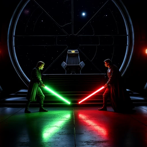 Imagine an image in the style of cinematic photorealism capturing the Emperor's Throne Room during the climactic confrontation. Luke Skywalker and Darth Vader duel at the base of the throne's platform, their lightsabers casting vivid green and red reflections across the sleek black floor. The Emperor watches from his throne, cloaked in shadow, the vast circular window behind him framing the distant stars and flashes of the battle outside.