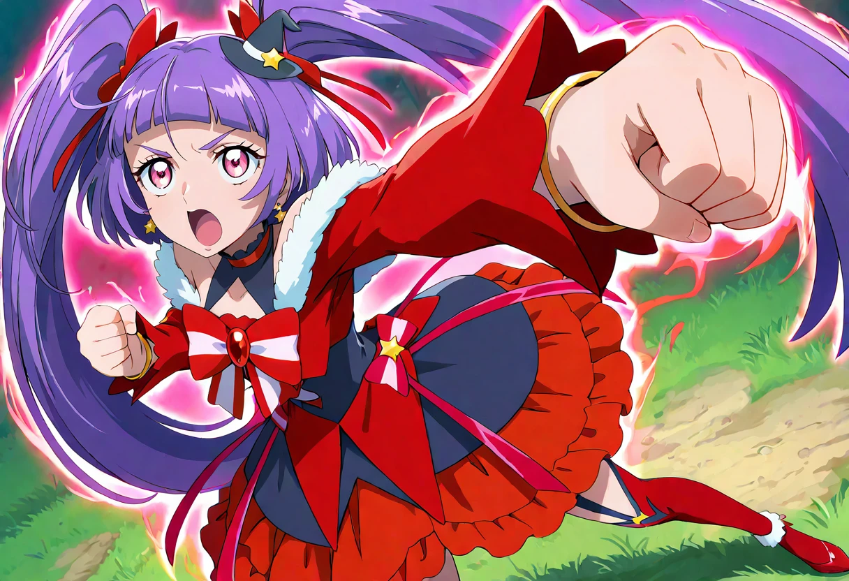 masterpiece, best quality, absurdres, very aesthetic, general,
cure magical, cure magical \(ruby style\), crmgclruby, 1girl, purple hair, witch hat, solo, twintails, mini hat, black headwear, open mouth, purple eyes, looking at viewer, red bow, blunt bangs, red skirt, from above, clenched hands, pink eyes, floating hair, shiny hair, red legwear, long sleeves, :o, star earrings, red sleeves, hair bow, clenched hand, red ribbon, detached sleeves, standing, red dress, ahoge, pink bow, punching, mini witch hat, hair ribbon, layered skirt, black legwear, serious, wrist cuffs, hair ornament, red footwear, boots, very long hair, layered dress, looking up, frills, miniskirt, eyelashes, red eyes, choker, bracelet, cowboy shot, brooch, black skirt, eyebrows visible through hair, garter straps, red neckwear, fur trim, full body, pink background, outdoors, foreshortening, frilled skirt, henshin, striped bow, anime coloring, red thighhighs, v-shaped eyebrows, striped clothes, angry, aura, red bowtie, outstretched arms, tilted headwear, energy, gem, grass, star ornament, star hat ornament
<lora:cure_magical_izayoi_liko_illustXL_locon_v1:0.7>