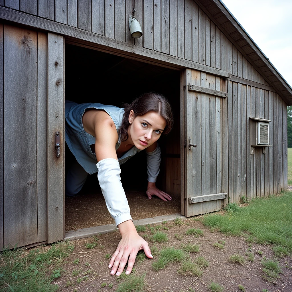 photo, giant-sized woman in farmers clothes crawling out of the opened main gate of a wooden barn in a rural setting. wide angle perspective.