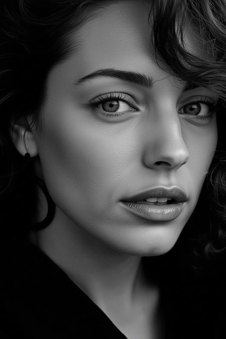 black and white portrait inspired by Peter Lindbergh's photographic style of kellybflx, a woman looking directly into the camera with an intimate and deep expression.