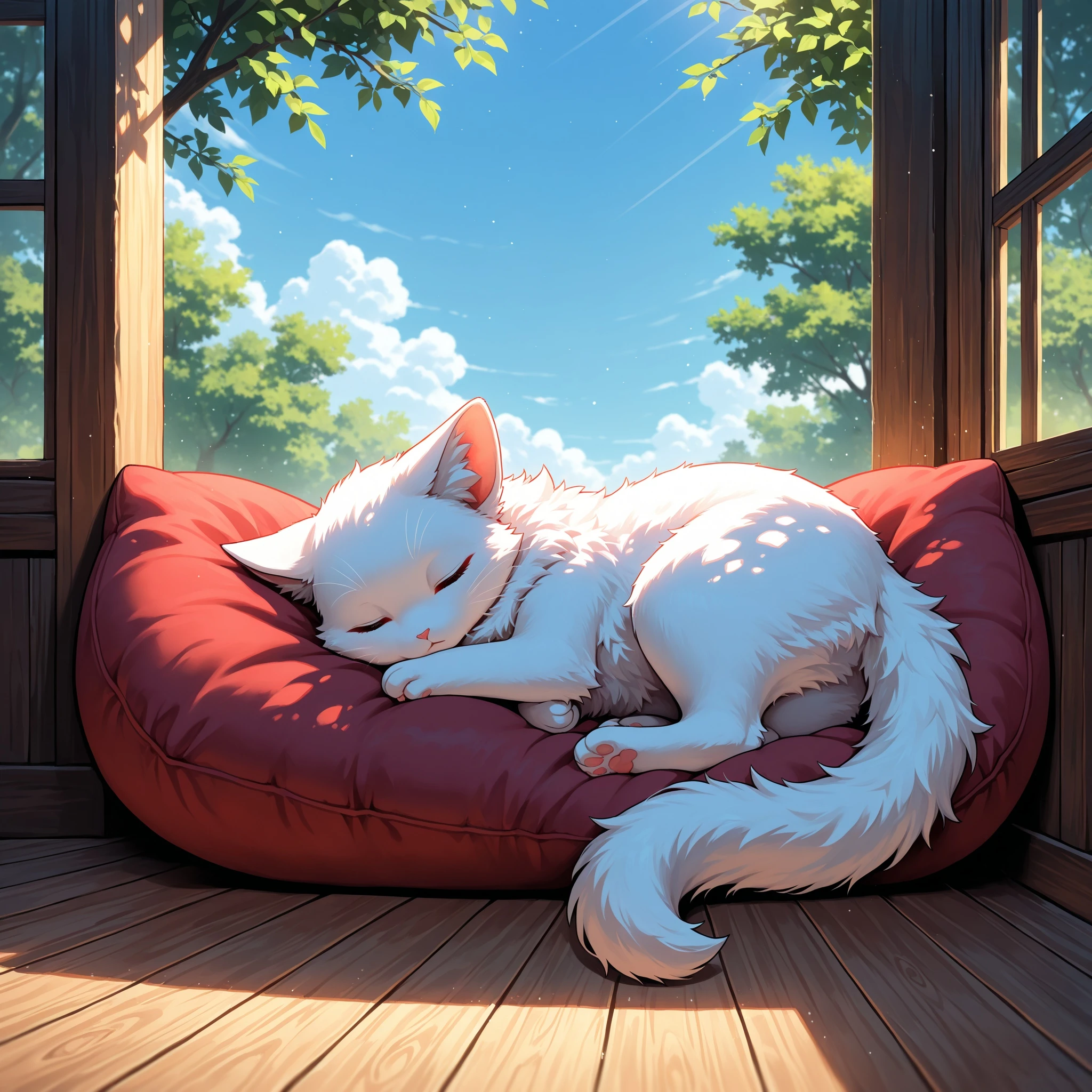 masterpiece, best quality, very awa, volumetric lighting, scenery, animal focus, indoors, cat, solo, sleeping, curled up, white cat, white fur, cat ears, cat tail, body fur, fur, animal, sleeping on cushion, red cushion, dappled sunlight, dappled fur, light particles, melancholic, warm atmosphere, pure white fur, fluffy, wooden window, light particles, nature outside, blue sky