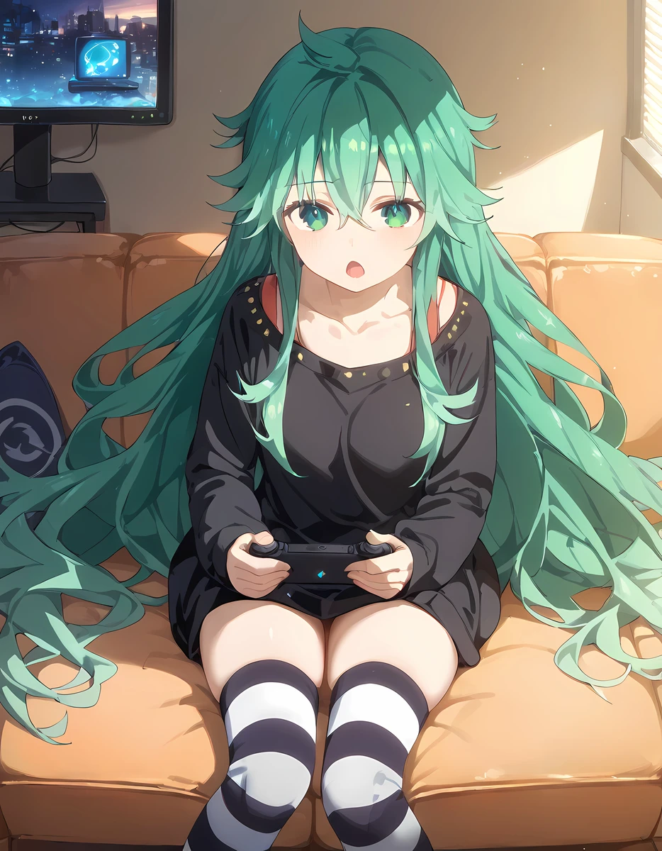 Natsumi, 1girl, solo, long hair, looking at viewer,hair between eyes, very long hair, green eyes, collarbone, bangs, shirt, thighhighs, long sleeves,sitting, very long hair, closed mouth,