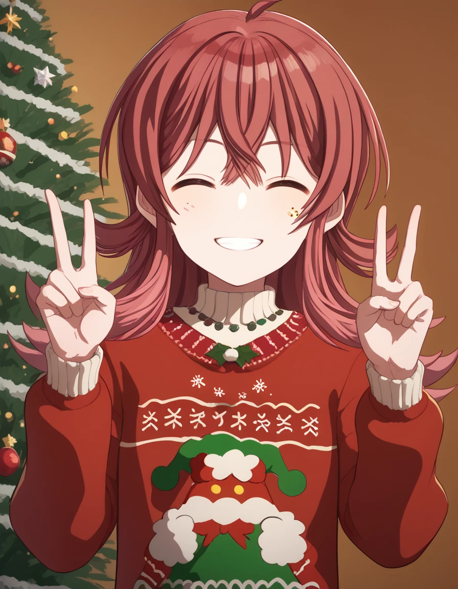 score_9, score_8_up, score_7_up, source_anime, <lora:kaho-komiya-s2-ponyxl-lora-nochekaiser:1>, kaho komiya, long hair, bangs, red eyes, hair between eyes, red hair,, <lora:christmas-sweater-ponyxl-lora-nochekaiser:1>, christmas sweater, christmas, ugly sweater, print sweater, red sweater, christmas tree, christmas ornaments, sweater, multicolored sweater, , v, smile, hands up, teeth, closed eyes, cowboy shot,, , dutch angle, cowboy shot