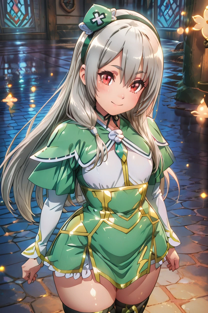 masterpiece, best quality, solo, curvy, beautiful eyes,zzMaidena, red eyes, hair between eyes, grey hair, long hair  hairband, boots, frills, black thighhighs, capelet, thigh boots, green dress, green headwear,  <lora:Maidena_FutokuNoGuild_IXL:1.0>, from above, dynamic pose, cowboy shot, smile, looking at viewer, shiny skin,<lora:RealisticAnimeIXL_v2:1.0>, shiny skin, bokeh, luminescent background,