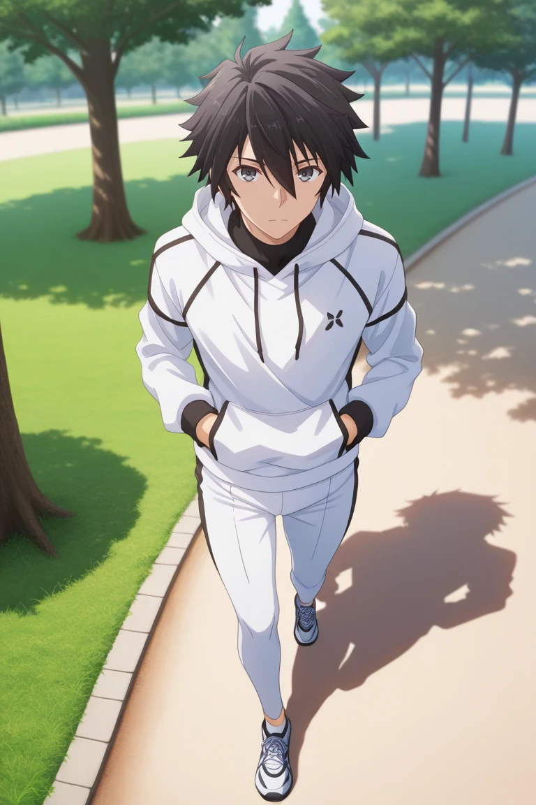 masterpiece, best quality, amazing quality, very aesthetic, high resolution, ultra-detailed, absurdres, newest, scenery, volumetric lighting, depth of field,anime srceencap , , , 1boy, solo, male focus, <lora:ikki:0.77>,ikki kurogane, black hair, grey eyes,short hair,spiky hair,shirt,hair between eyes,jogging clothes,white pant,white hoodie,hood,outdoor,full body,looking at viewer,standing,from above,park,tree,grass,