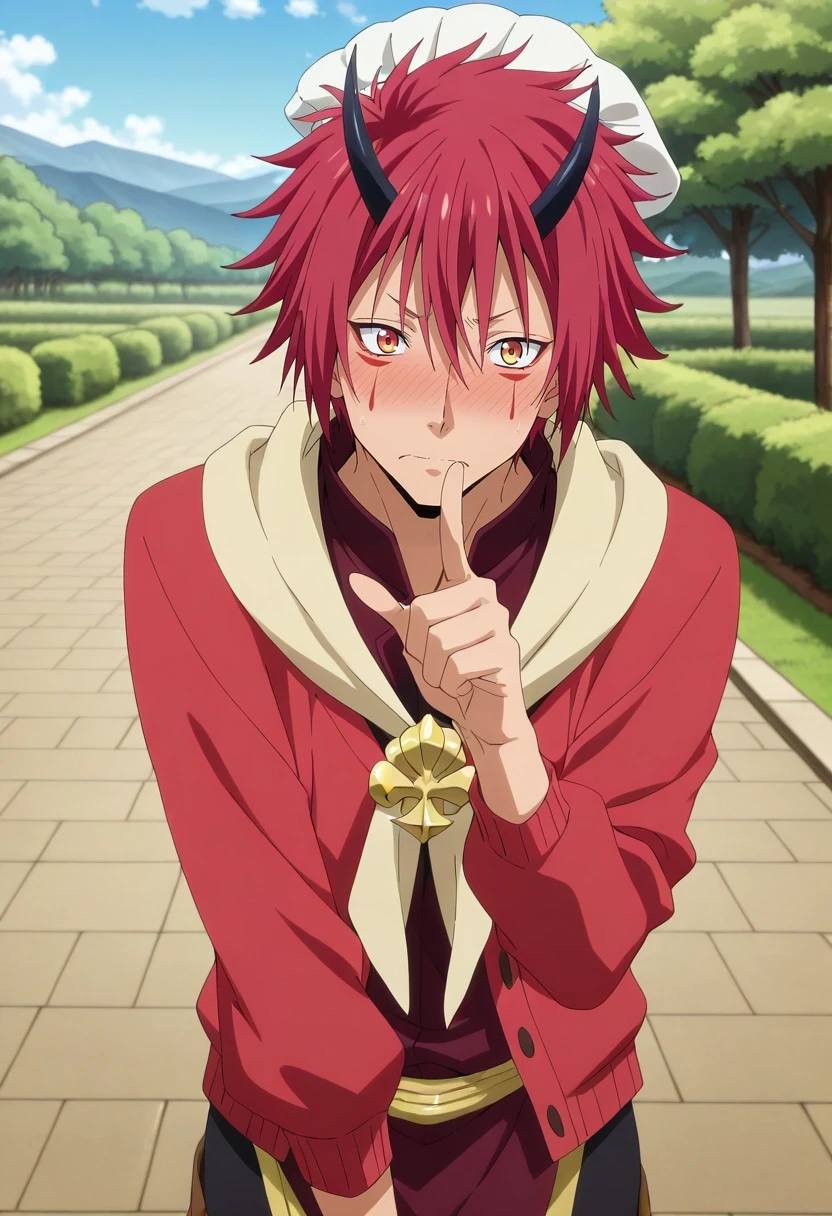 masterpiece, best quality, intricate details, anime screencap, anime coloring, , looking at viewer, , 1boy, solo, male focus, <lora:benimaru_tensura_ilxl:0.96>, benimaru_tensura, red hair, yellow eyes, hair between eyes, horns, oni horns, facial mark, upper body, fantasy land, day, pointing, embarrassed, nose blush, Performance leggings, Moire Fleur-de-lis Sapphire Zip-up cardigan, Monk strap boots, Chef's hat,