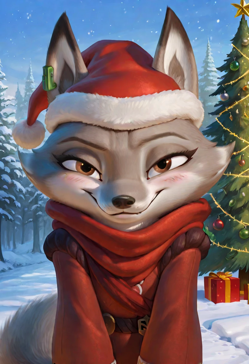 close, upper body, cute, blush, sky, forest, winter, snow, (mrs claus sexy costume, christmas hat:1.1), adorable, snowflakes, christmas decorations, christmas lights,christmas tree, gifts, contour_deepening,depth of field, huge filesize, source_furry, best quality, amazing quality, detailed background, masterpiece, 1girl, looking at viewer, solo, ( sexy pose, seductive smile, seductive look, horny :1.1),zhen, fox girl, fox ears,brown eyes, gray and white fur, fox tail, jade earring, <lora:ZhenIL:1>